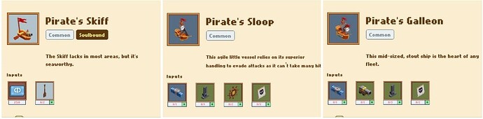 三种船舶，Pirates Skiff, Pirates Sloop, Pirates Galleon