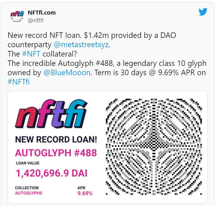 NFT抵押贷款一笔贷款金额超过140万美元创纪录